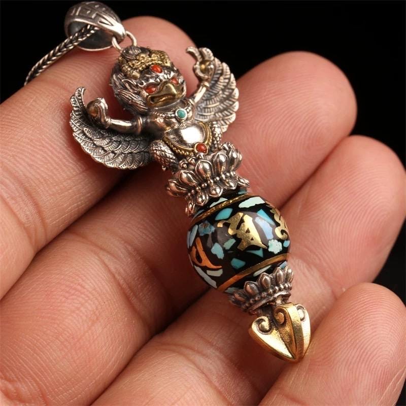 Handcrafted Silver Garuda Pendant Handcrafted Tibetan Sacred Protector Amulet Handmade Necklace