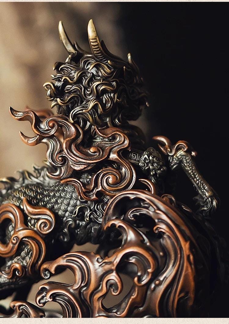 Kirin Brass Silver Statue, Tibetan Handcrafted Copper Good Fortune Protection Figurine, Office Home Decor, Unique Gift Desk Decor