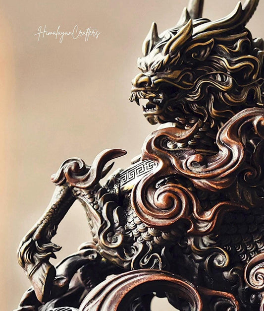 Kirin Brass Silver Statue, Tibetan Handcrafted Copper Good Fortune Protection Figurine, Office Home Decor, Unique Gift Desk Decor