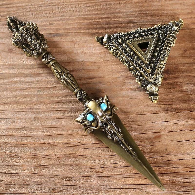 Handcrafted 8.5” Phurba Vajra Dagger Vintage Handmade Nepal Tibetan Pure Brass Amulet