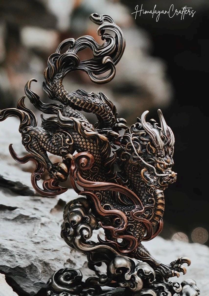 Brass Dragon Loong Statue, Tibetan Handcrafted Copper Good Fortune Protection Figurine, Office Home Decor Unique Gift Desk Decor