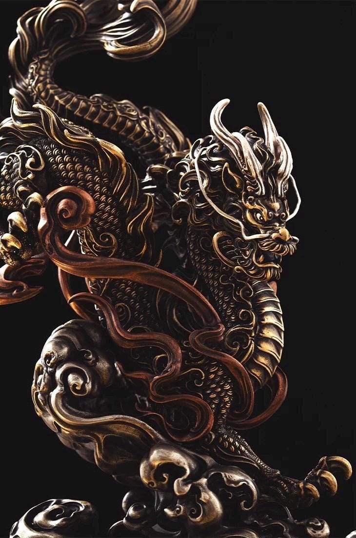 Brass Dragon Loong Statue, Tibetan Handcrafted Copper Good Fortune Protection Figurine, Office Home Decor Unique Gift Desk Decor