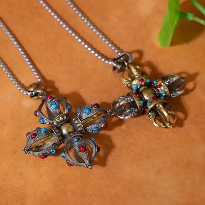Handcrafted Cross Vajra Pendant, Nepalese Brass Filigree, Handmade Tibetan Style Colorful Beads