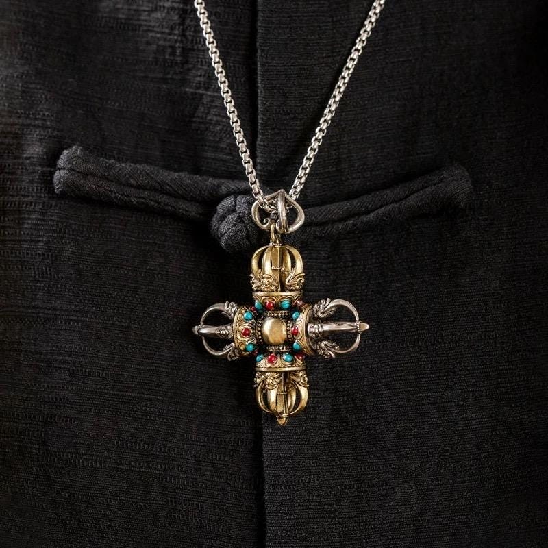 Handcrafted Cross Vajra Pendant, Nepalese Brass Filigree, Handmade Tibetan Style Colorful Beads
