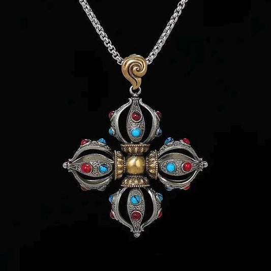 Handcrafted Cross Vajra Pendant, Nepalese Brass Filigree, Handmade Tibetan Style Colorful Beads