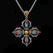 Handcrafted Cross Vajra Pendant, Nepalese Brass Filigree, Handmade Tibetan Style Colorful Beads