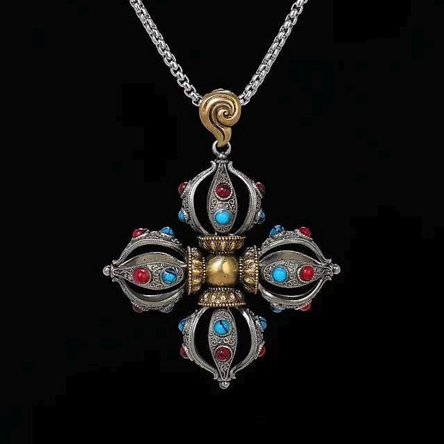 Handcrafted Cross Vajra Pendant, Nepalese Brass Filigree, Handmade Tibetan Style Colorful Beads