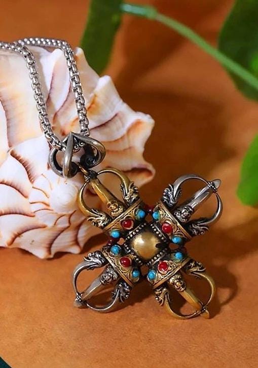 Handcrafted Cross Vajra Pendant, Nepalese Brass Filigree, Handmade Tibetan Style Colorful Beads