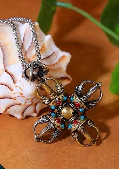 Handcrafted Cross Vajra Pendant, Nepalese Brass Filigree, Handmade Tibetan Style Colorful Beads