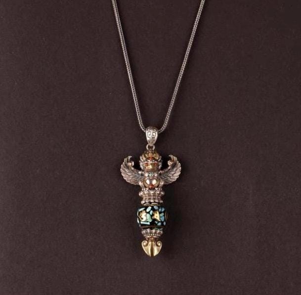 Handcrafted Silver Garuda Pendant Handcrafted Tibetan Sacred Protector Amulet Handmade Necklace