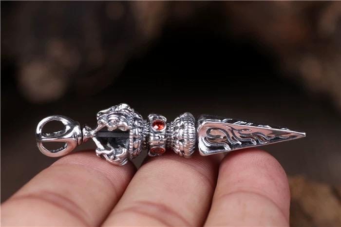 Handmade Silver Phurba Silver Vajra Dagger Pendant Tibetan Protection Amulet Necklace Dispels negative energy Pure Brass Amulet