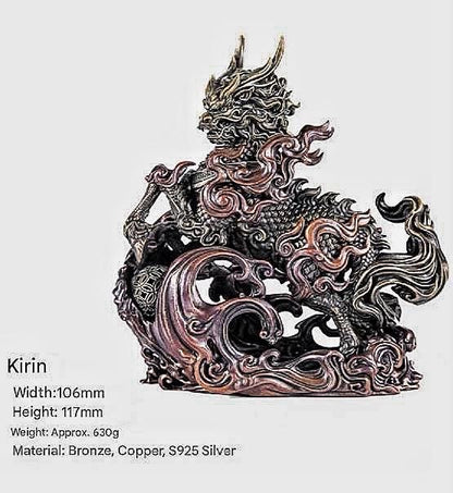 Kirin Brass Silver Statue, Tibetan Handcrafted Copper Good Fortune Protection Figurine, Office Home Decor, Unique Gift Desk Decor