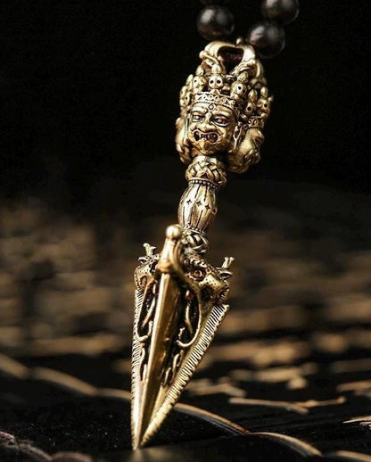 Phurba Vajra Dagger Vintage Handmade Nepal Tibetan Pendant Necklace Dispels negative energy Pure Brass Amulet for Men and Women