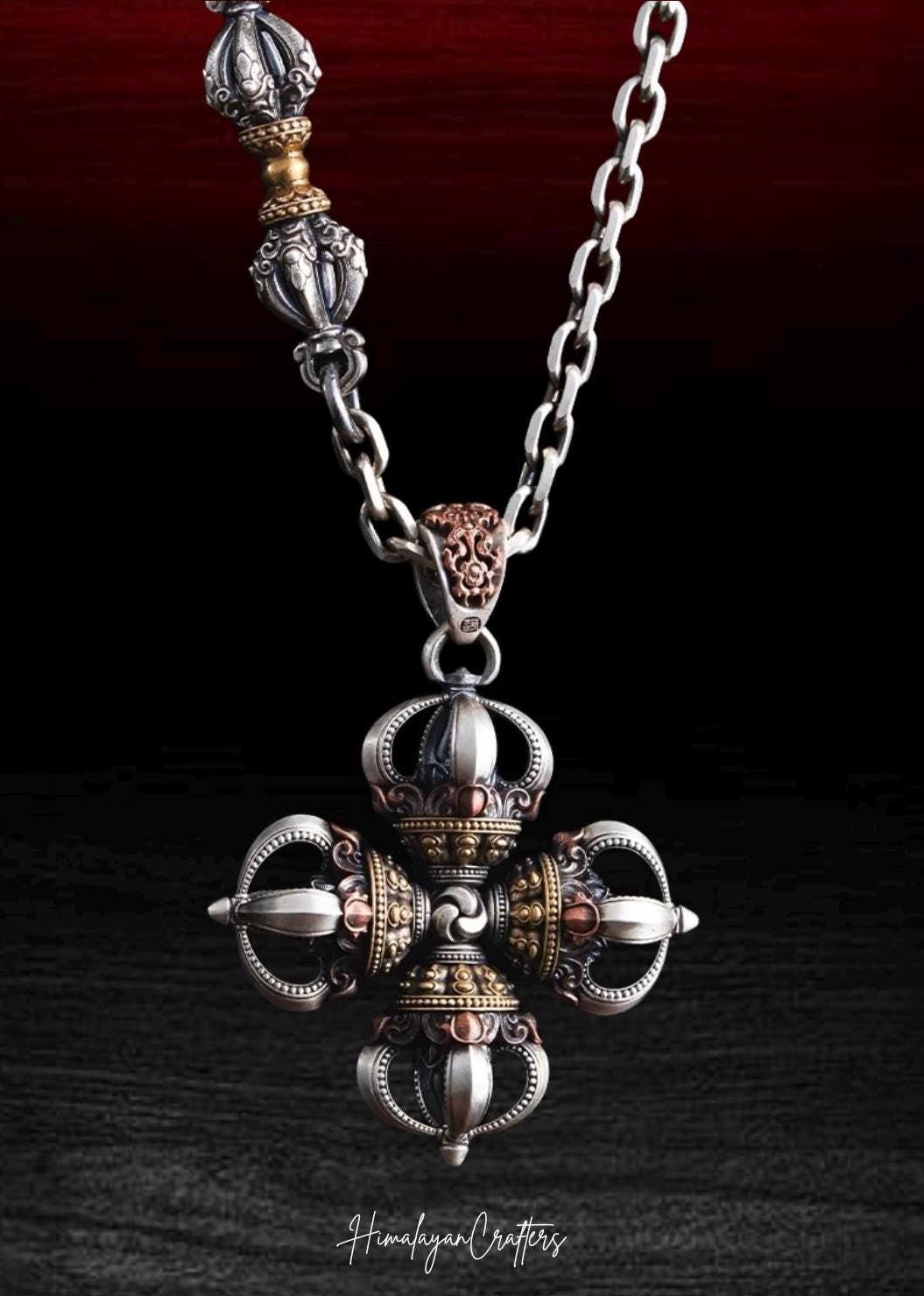 Tibetan Vajra Pendant S925 Silver Buddhist Amulet Protective Dorje Necklace Spiritual Meditation Talisman Handmade Himalayan Jewelry