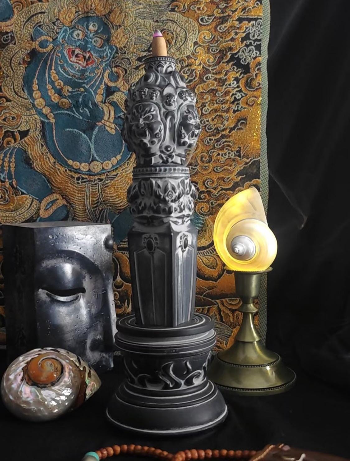 Handcrafted Vajra backflow Heavy Ceramic incense burner, Handmade Tibetan, free backflow incense included