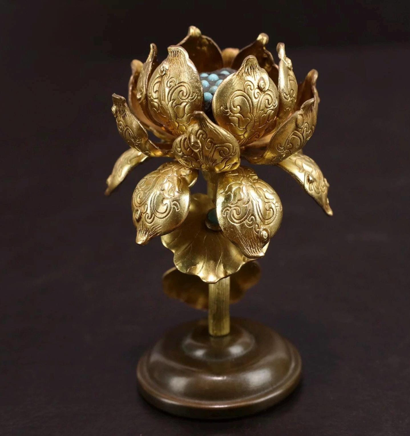 Handcrafted Brass Gilded Gold Torma Offering Statue Tibetan Ritual Eight Offerings Decoration