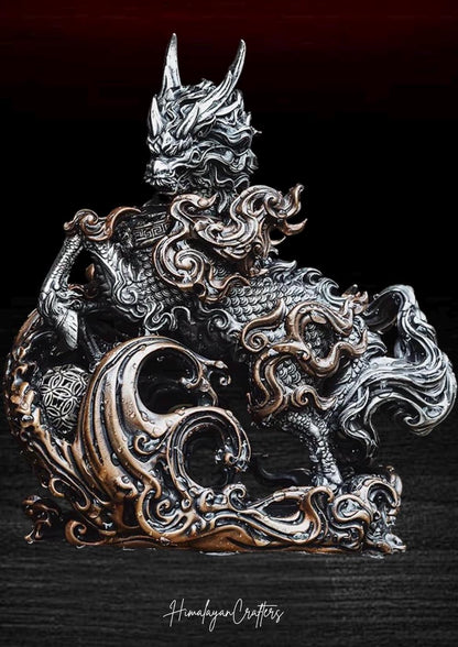 Kirin Brass Silver Statue, Tibetan Handcrafted Copper Good Fortune Protection Figurine, Office Home Decor, Unique Gift Desk Decor