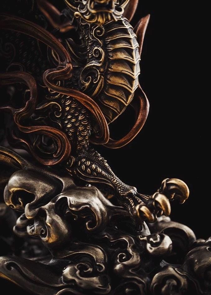 Brass Dragon Loong Statue, Tibetan Handcrafted Copper Good Fortune Protection Figurine, Office Home Decor Unique Gift Desk Decor