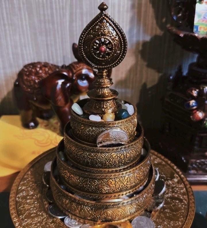 10” Handmade Brass Mandala Offering Set Tibetan Eight Auspicious Symbols, 1 pound free gem included