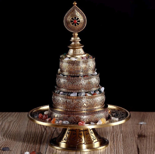 10” Handmade Brass Mandala Offering Set Tibetan Eight Auspicious Symbols, 1 pound free gem included