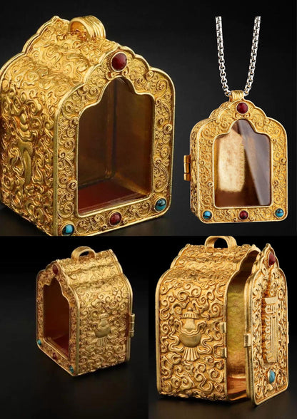 Tibetan Ghau Box Pendant w/Buddha Protector Statue Buddha Gau Solid Brass Amulet Silver Meditation Gift Buddism Practice Spiritual Necklace