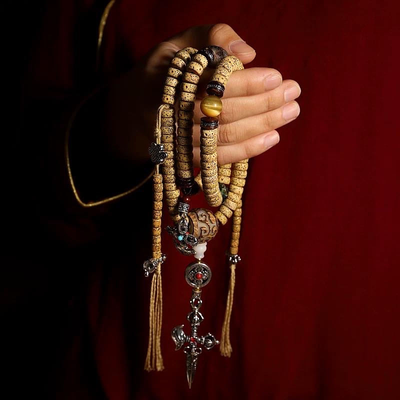 Natural Star Moon Bodhi 108 Seed Tibetan Mala, Bead Necklace Bracelet for Meditation and Spiritual Practice