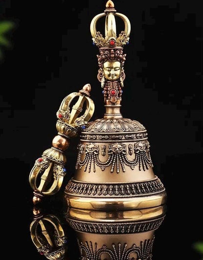 Handcrafted Tibetan Vajra Bell & Dorje Set, Brass, Spiritual Ritual Meditation Buddhist Decor Sacred Power Wisdom Symbol