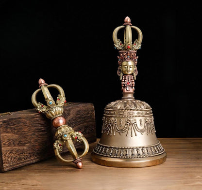 Handcrafted Tibetan Vajra Bell & Dorje Set, Brass, Spiritual Ritual Meditation Buddhist Decor Sacred Power Wisdom Symbol