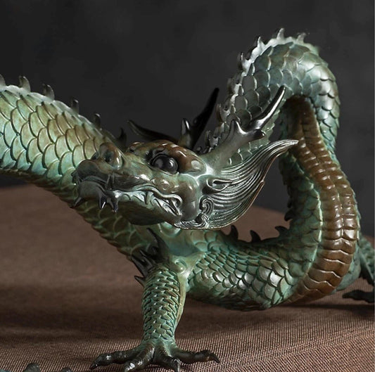 Brass Dragon Loong Statue, Tibetan Handcrafted Copper Good Fortune Protection Figurine, Office Home Decor Unique Gift Desk Decor