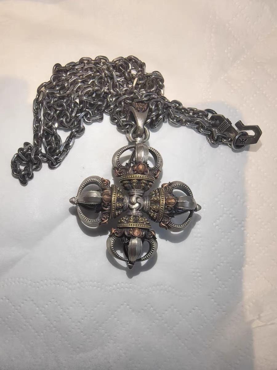 Tibetan Vajra Pendant S925 Silver Buddhist Amulet Protective Dorje Necklace Spiritual Meditation Talisman Handmade Himalayan Jewelry