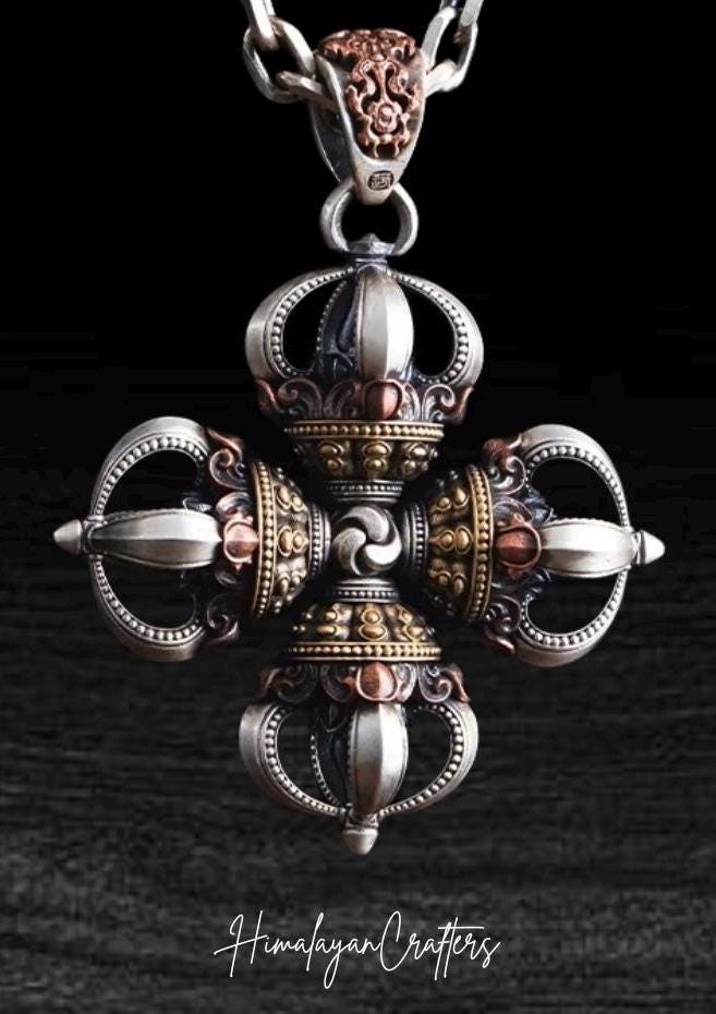 Tibetan Vajra Pendant S925 Silver Buddhist Amulet Protective Dorje Necklace Spiritual Meditation Talisman Handmade Himalayan Jewelry