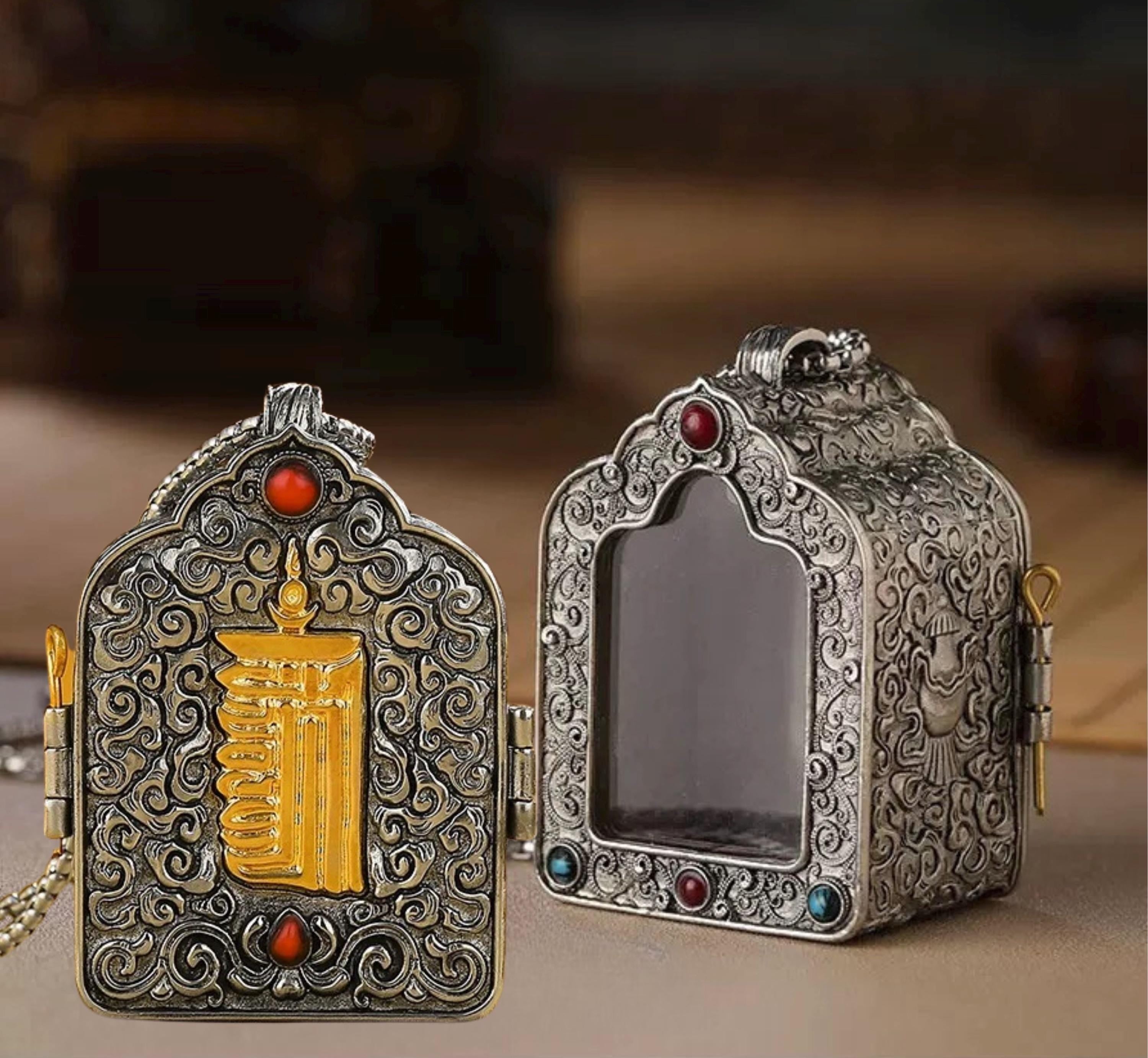 Tibetan Ghau Box Pendant w/Buddha Protector Statue Buddha Gau Solid Brass Amulet Silver Meditation Gift Buddism Practice Spiritual Necklace