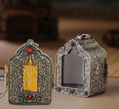 Tibetan Ghau Box Pendant w/Buddha Protector Statue Buddha Gau Solid Brass Amulet Silver Meditation Gift Buddism Practice Spiritual Necklace