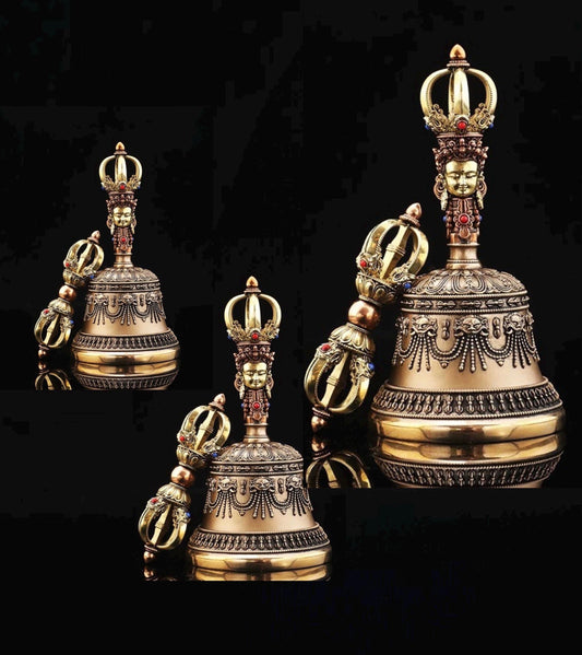 Handcrafted Tibetan Vajra Bell & Dorje Set, Brass, Spiritual Ritual Meditation Buddhist Decor Sacred Power Wisdom Symbol