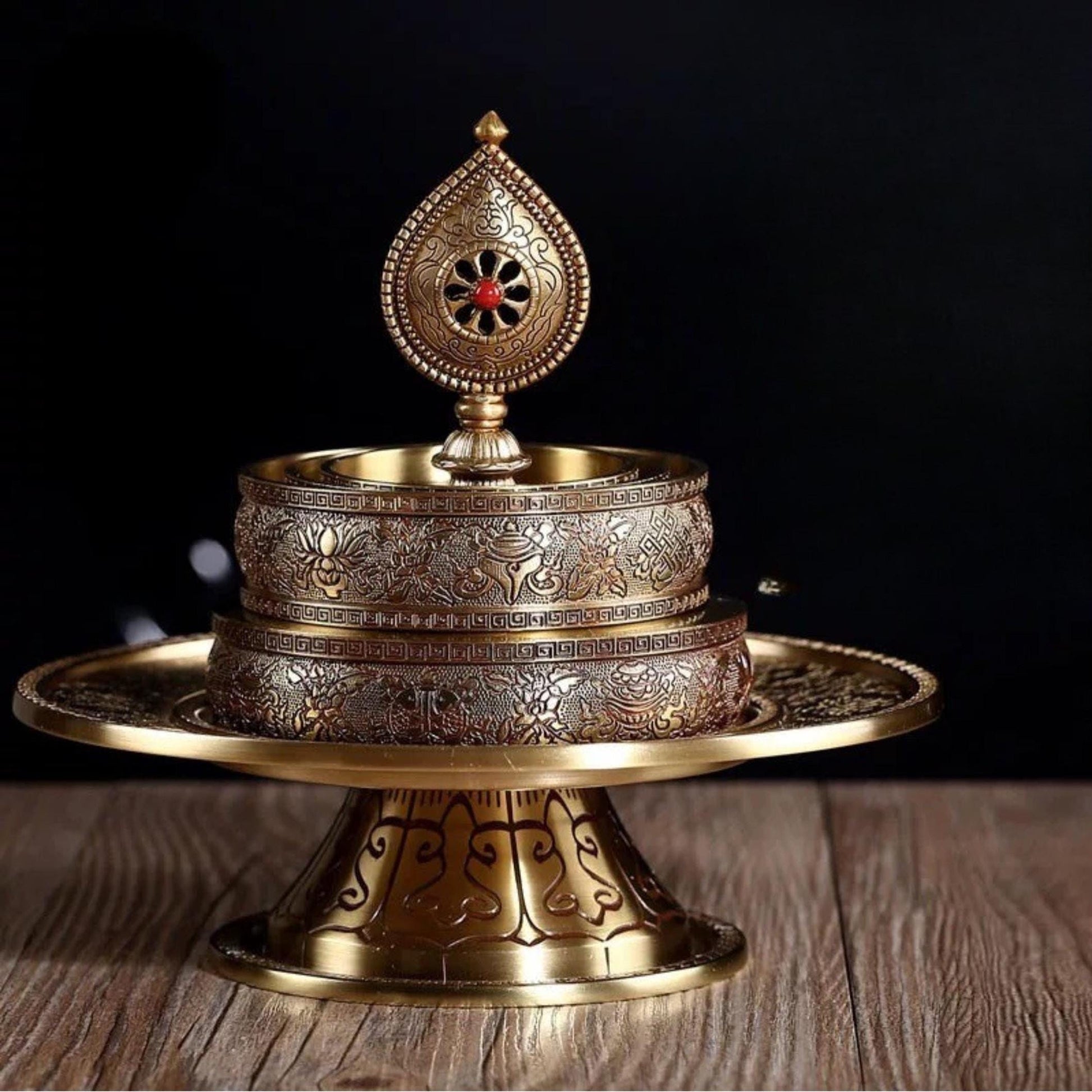 10” Handmade Brass Mandala Offering Set Tibetan Eight Auspicious Symbols, 1 pound free gem included