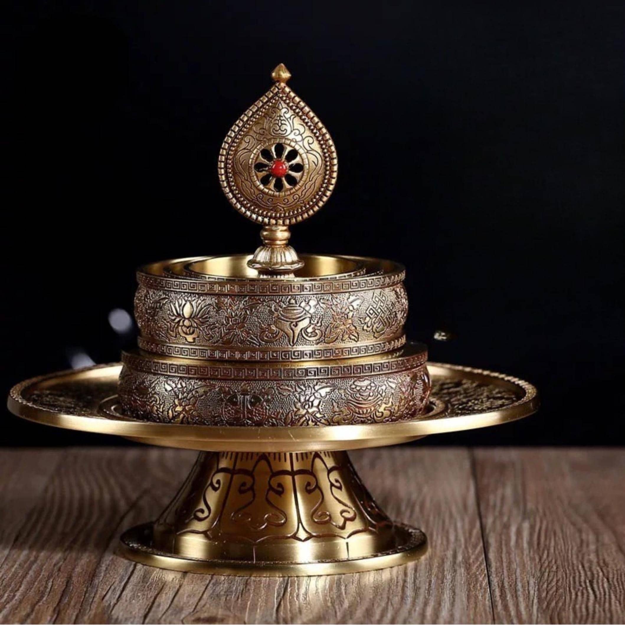 10” Handmade Brass Mandala Offering Set Tibetan Eight Auspicious Symbols, 1 pound free gem included