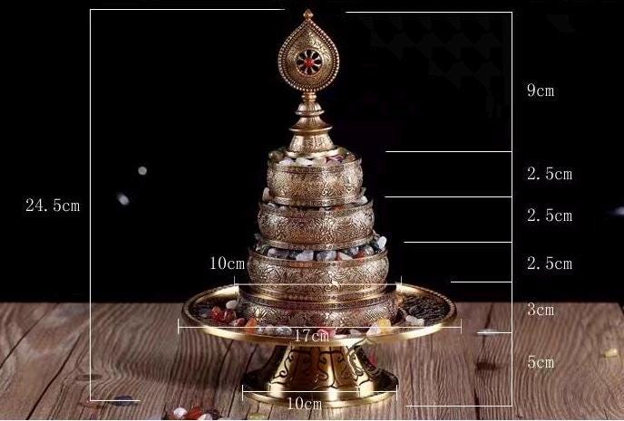 10” Handmade Brass Mandala Offering Set Tibetan Eight Auspicious Symbols, 1 pound free gem included