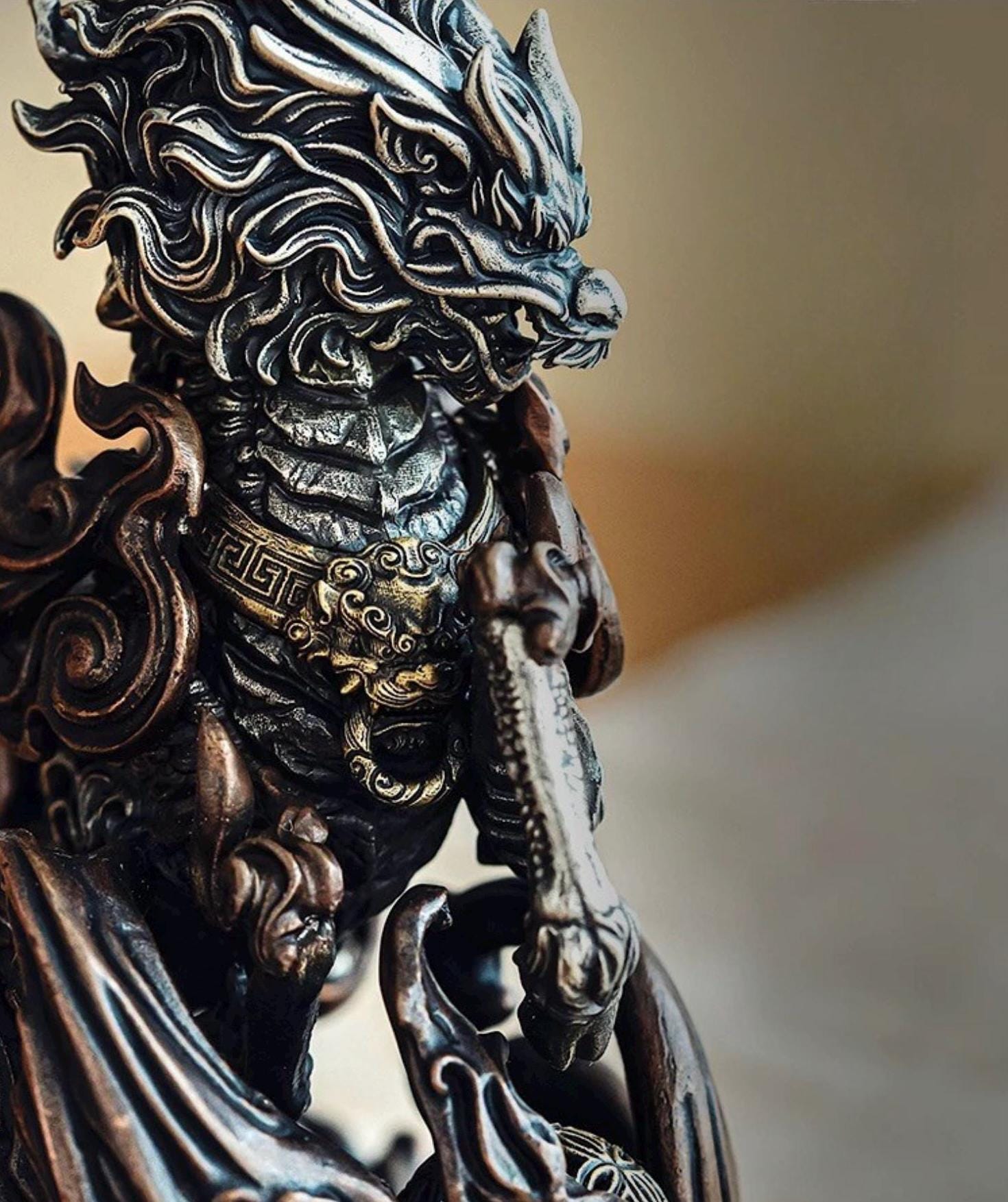 Kirin Brass Silver Statue, Tibetan Handcrafted Copper Good Fortune Protection Figurine, Office Home Decor, Unique Gift Desk Decor