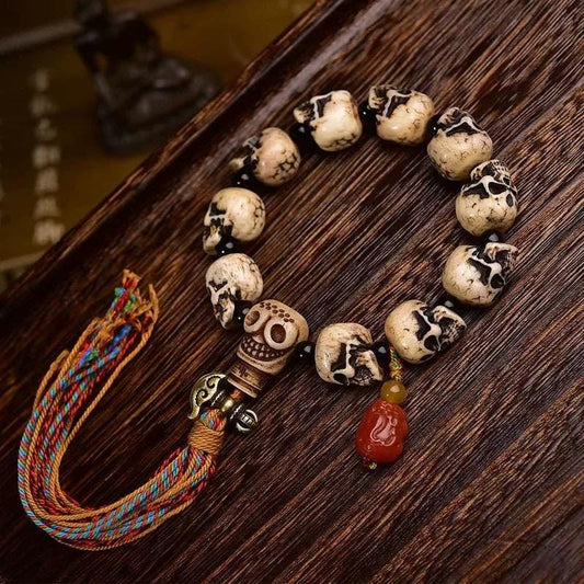 Handcrafted Tibetan Skull Mala Bracelet Camel Bone Amulet Beads