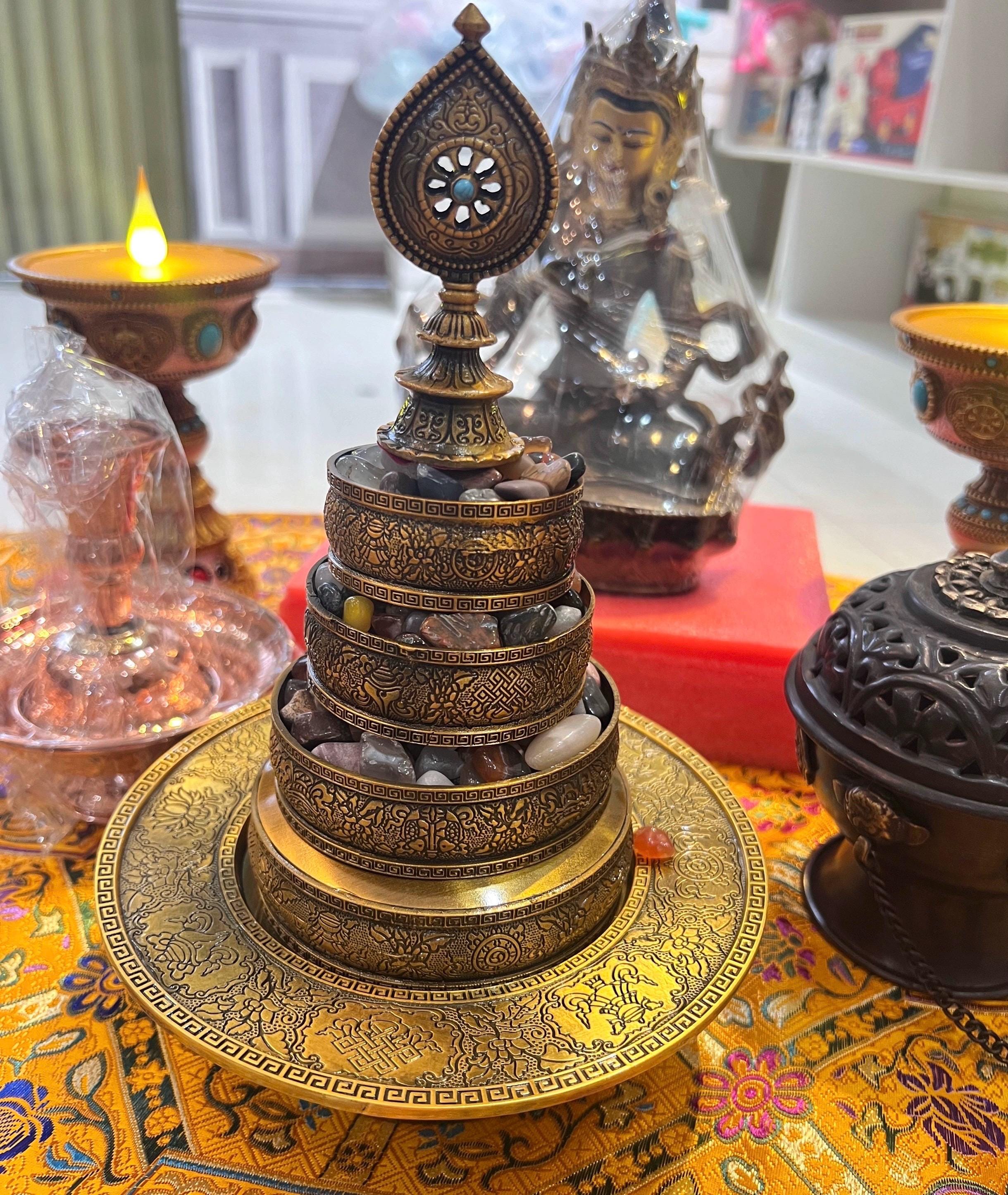 10” Handmade Brass Mandala Offering Set Tibetan Eight Auspicious Symbols, 1 pound free gem included