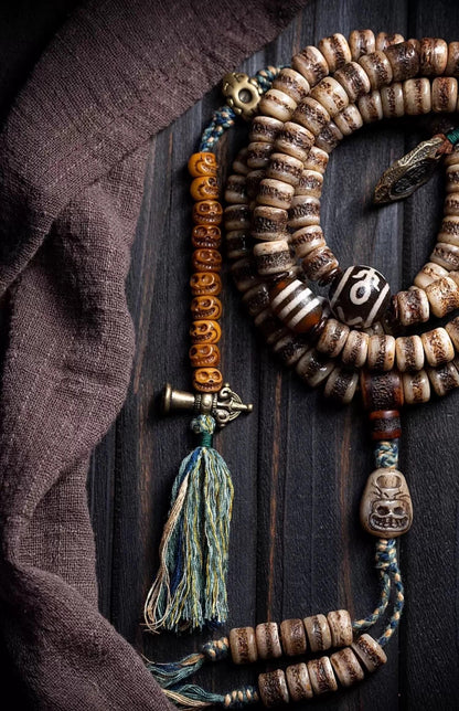 Handcrafted Tibetan Yak Bone Mala Bracelet, 108 Beads Buddhist Prayer Beads for Meditation, Yoga, and Spiritual Healing, Tibetan Jewelry