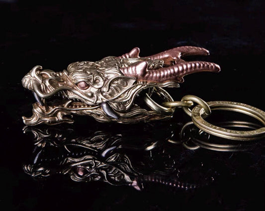 Brass Dragon Head Keychain Handmade Vintage Metal Car Key Ring Unique Gift for Men Eastern Design