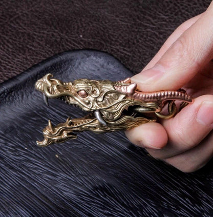 Brass Dragon Head Keychain Handmade Vintage Metal Car Key Ring Unique Gift for Men Eastern Design