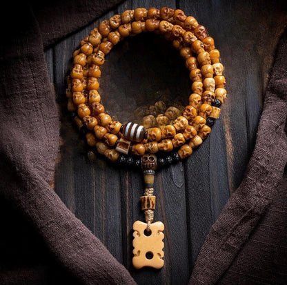Handcrafted Tibetan Skull Shape Yak Bone Mala Bracelet, 108 Beads Buddhist Prayer Beads for Meditation, Yoga, and Spiritual Healing