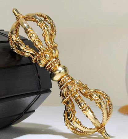 Handcrafted Tibetan Brass Phurba Vajra Nine-Pronged Ritual Dagger Gold & Antique Finish