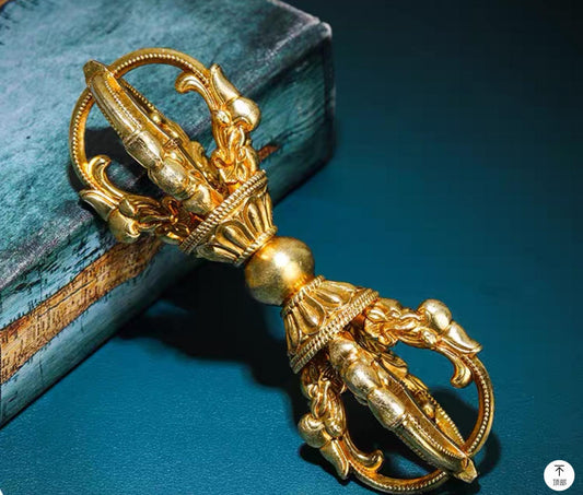 Handcrafted Tibetan Brass Phurba Vajra Nine-Pronged Ritual Dagger Gold & Antique Finish