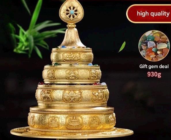 10” Handmade Brass Mandala Offering Set Tibetan Eight Auspicious Symbols, 2 lbs free gem included
