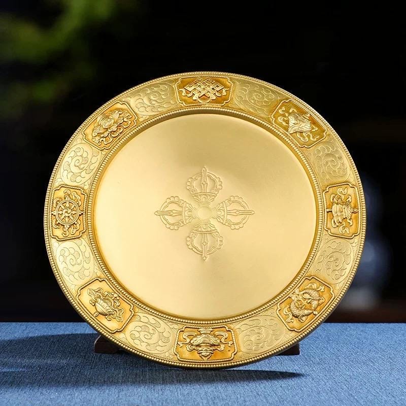 10” Handmade Brass Mandala Offering Set Tibetan Eight Auspicious Symbols, 2 lbs free gem included