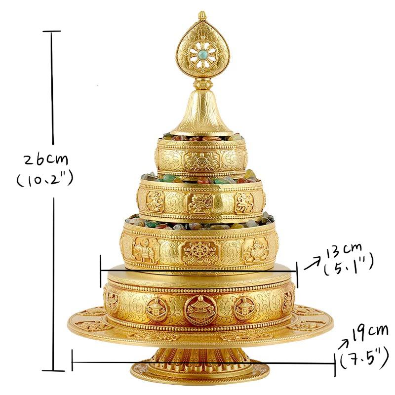 10” Handmade Brass Mandala Offering Set Tibetan Eight Auspicious Symbols, 2 lbs free gem included