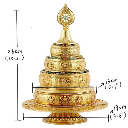 10” Handmade Brass Mandala Offering Set Tibetan Eight Auspicious Symbols, 2 lbs free gem included
